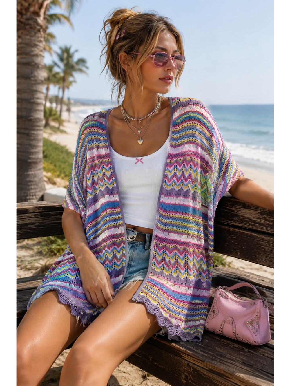 Coastal Granddaughter Open Knit Beach Cardigan Pastel Rainbow